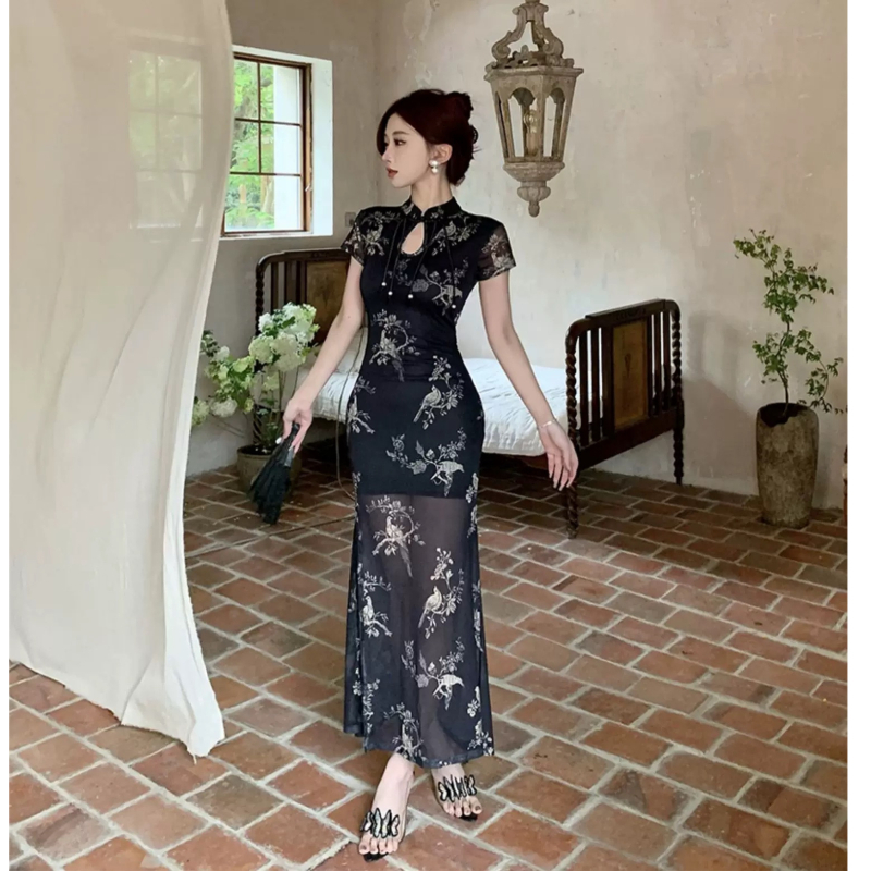 Novi kineski stil: poboljšana haljina cheongsam za žene, ljeto, crni mrežasti uzorak, uska duga haljina