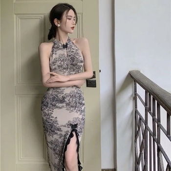 Unaprijeđena qipao haljina s kineskim stilom tinom, bez rukava, halter, srednja duljina, ljeto 2025
