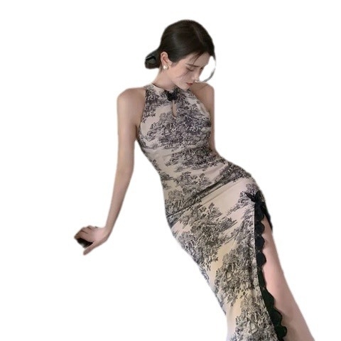 Unaprijeđena qipao haljina s kineskim stilom tinom, bez rukava, halter, srednja duljina, ljeto 2025