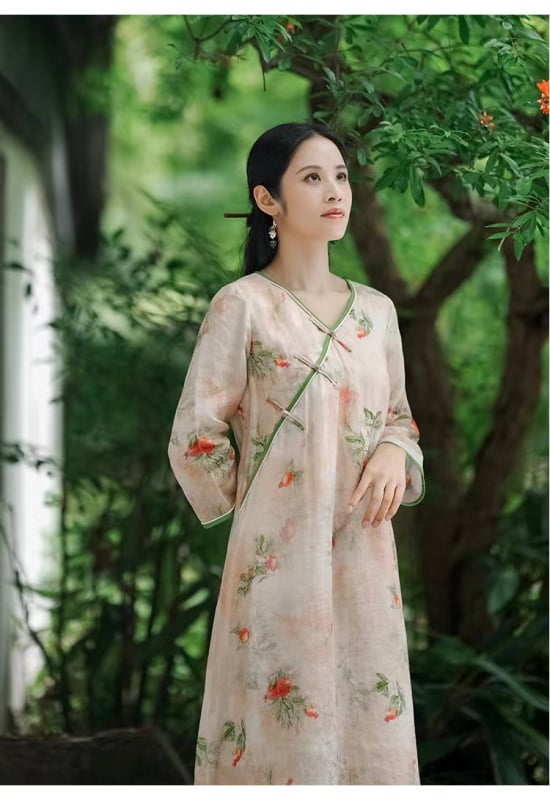 Ženska haljina u kineskom stilu Cheongsam, nova 2024, opuštena silueta, midi duljina, kratki rukavi, print