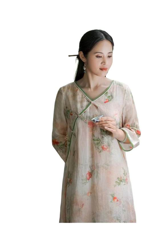 Ženska haljina u kineskom stilu Cheongsam, nova 2024, opuštena silueta, midi duljina, kratki rukavi, print