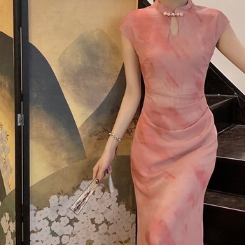 Ružičasta Qipao haljina s izrezanim kopčama, stojeći ovratnik, retro stil, kratki rukavi, visoki struk, duga haljina, plus veličina