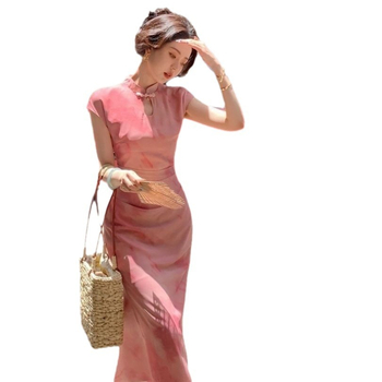 Ružičasta Qipao haljina s izrezanim kopčama, stojeći ovratnik, retro stil, kratki rukavi, visoki struk, duga haljina, plus veličina