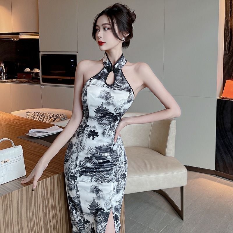 Ženska haljina u kineskom stilu qipao, ljeto, prorez, uski kroj, srednja dužina