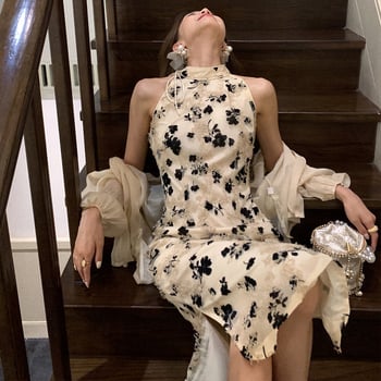 Rafinirana cheongsam haljina 2023 ljeto: duga, retro, halter izrez, francuski stil, midi