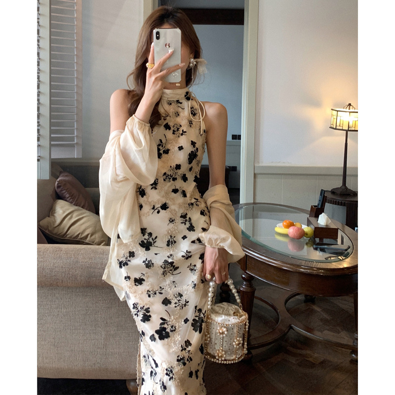 Rafinirana cheongsam haljina 2023 ljeto: duga, retro, halter izrez, francuski stil, midi