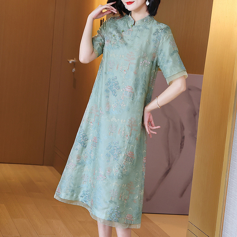 Haljina od svile organze sa cvjetnim vezom, kineski stil za žene, midi duljina, A-linija, stojeći ovratnik