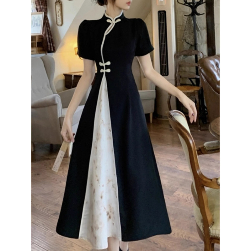 Plus veličine ljetna kineska retro cheongsam haljina s crno-bijelim kontrastom, stojeći ovratnik, A-linija, midi dužina
