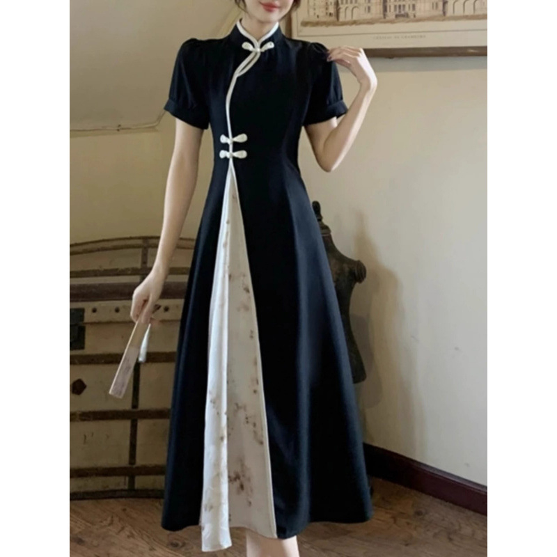 Plus veličine ljetna kineska retro cheongsam haljina s crno-bijelim kontrastom, stojeći ovratnik, A-linija, midi dužina