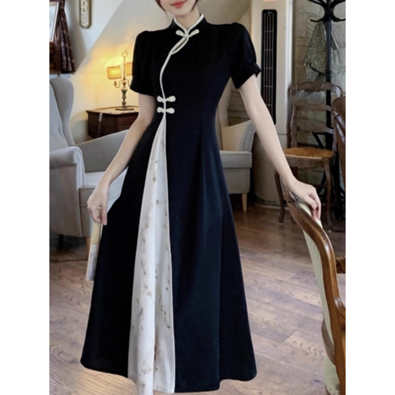 Plus veličine ljetna kineska retro cheongsam haljina s crno-bijelim kontrastom, stojeći ovratnik, A-linija, midi dužina