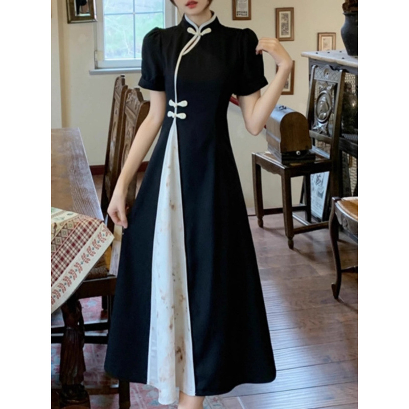 Plus veličine ljetna kineska retro cheongsam haljina s crno-bijelim kontrastom, stojeći ovratnik, A-linija, midi dužina