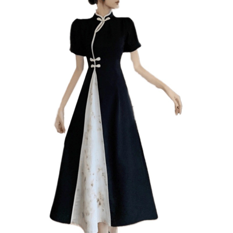 Plus veličine ljetna kineska retro cheongsam haljina s crno-bijelim kontrastom, stojeći ovratnik, A-linija, midi dužina