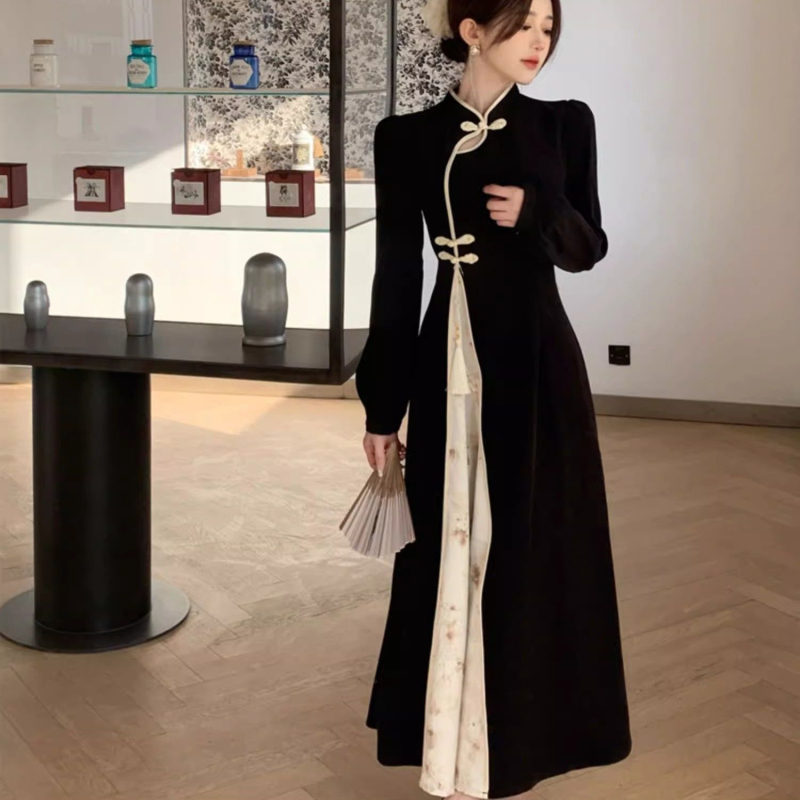 Plus veličine ljetna kineska retro cheongsam haljina s crno-bijelim kontrastom, stojeći ovratnik, A-linija, midi dužina