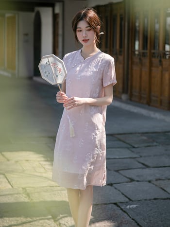 Petite Cheongsam od Tencel-Cotton, midi duljina, čaj stil za žene, ljeto 2023