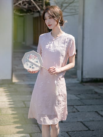 Petite Cheongsam od Tencel-Cotton, midi duljina, čaj stil za žene, ljeto 2023