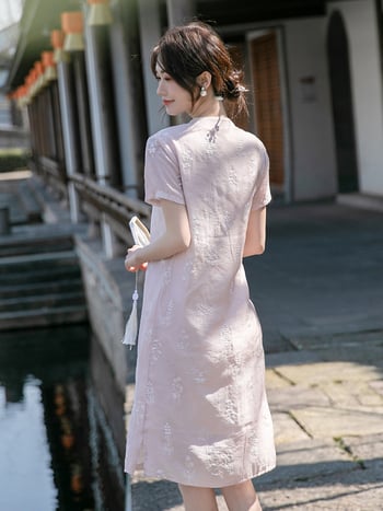 Petite Cheongsam od Tencel-Cotton, midi duljina, čaj stil za žene, ljeto 2023
