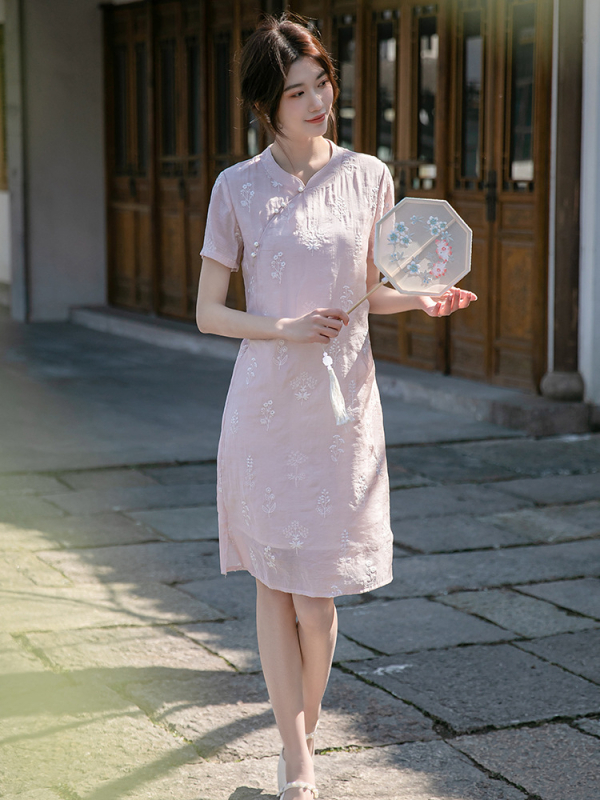 Petite Cheongsam od Tencel-Cotton, midi duljina, čaj stil za žene, ljeto 2023