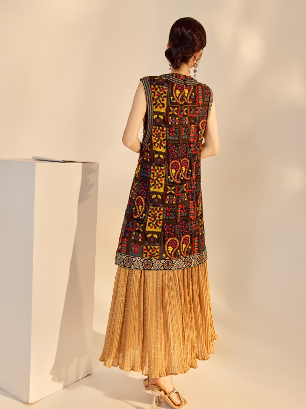 Női kínai stílusú nyári hímzett patchwork hosszú ruha, N5076