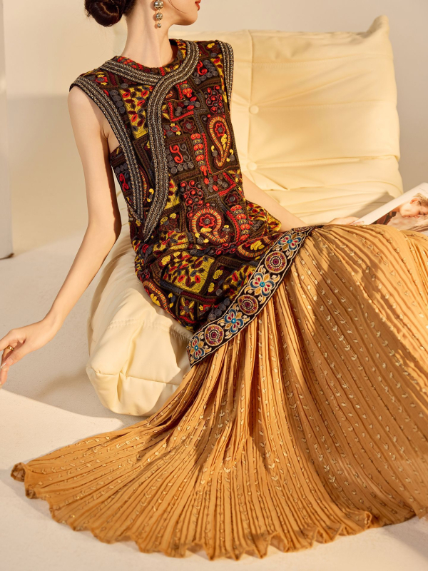 Női kínai stílusú nyári hímzett patchwork hosszú ruha, N5076