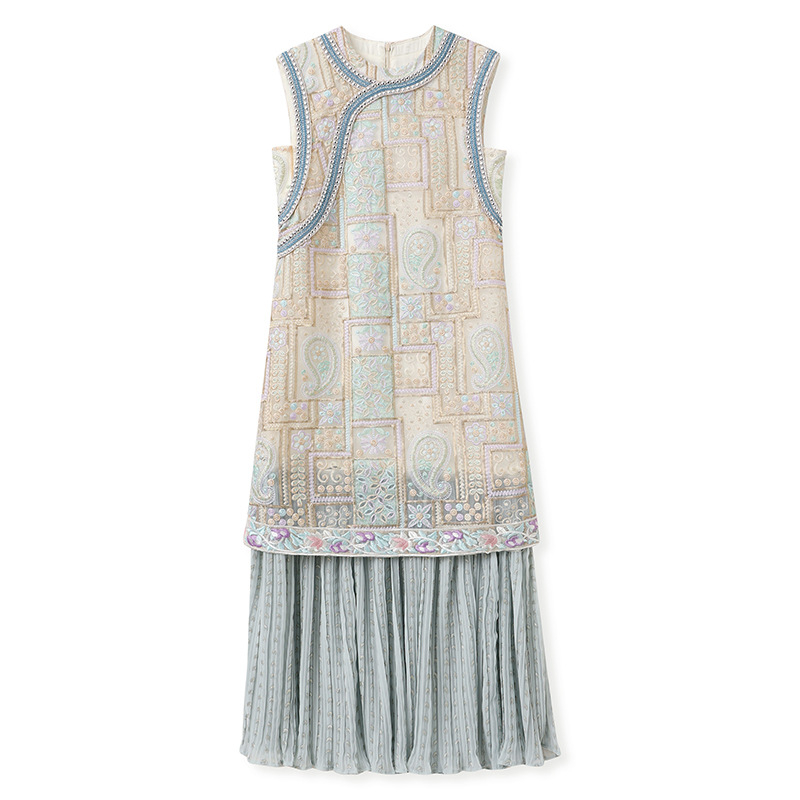 Női kínai stílusú nyári hímzett patchwork hosszú ruha, N5076
