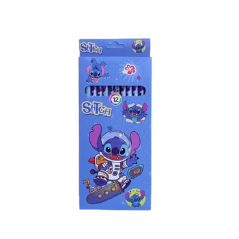 Stitch 12 броя HB моливи със гумичка, тематика Лило и Стич, дървени моливи за начално училище, нетоксични, в подаръчна кутия