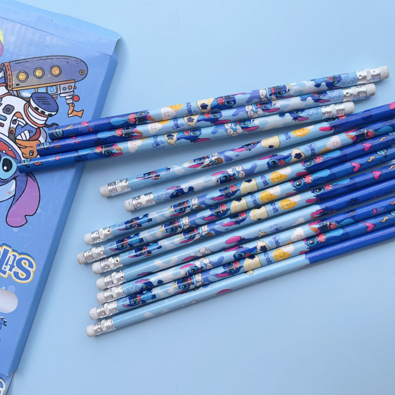 Stitch 12 броя HB моливи със гумичка, тематика Лило и Стич, дървени моливи за начално училище, нетоксични, в подаръчна кутия