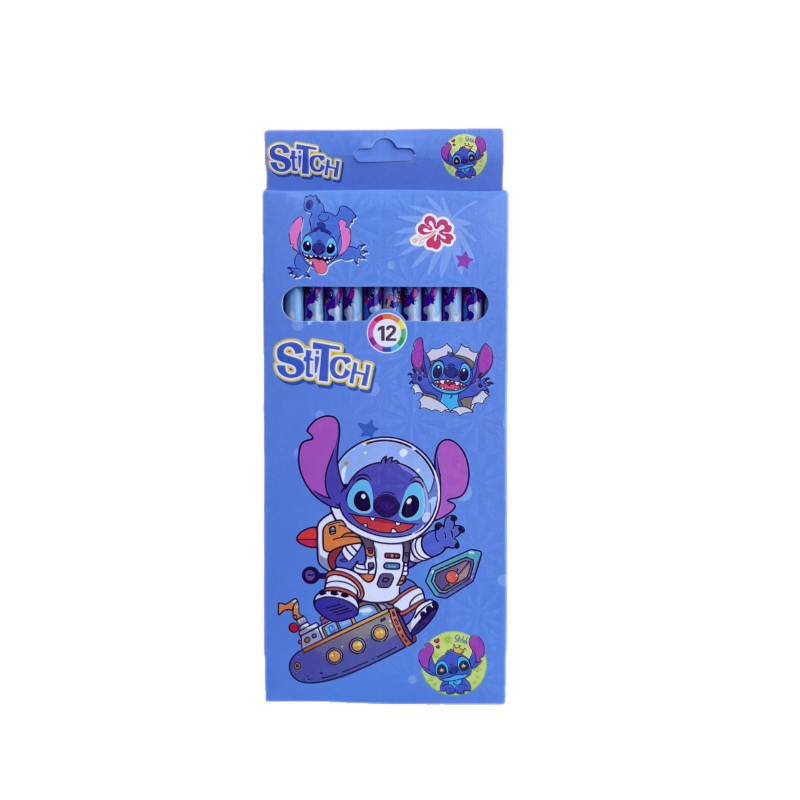 Stitch 12 броя HB моливи със гумичка, тематика Лило и Стич, дървени моливи за начално училище, нетоксични, в подаръчна кутия