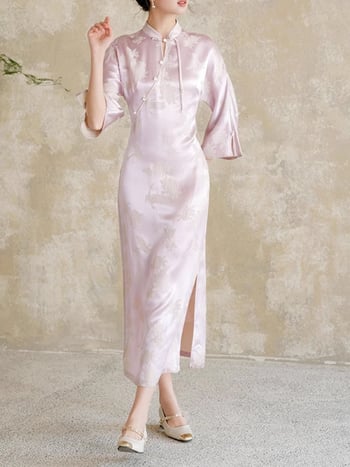 Haljina od svile jacquarda dudove svile, s ovratnikom Cheongsam, s dugim rukavima, midi duljine, ljubičasta, ljeto 2025, literarno retro stil