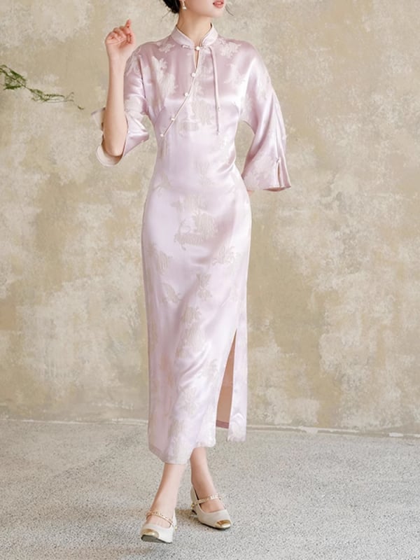 Haljina od svile jacquarda dudove svile, s ovratnikom Cheongsam, s dugim rukavima, midi duljine, ljubičasta, ljeto 2025, literarno retro stil