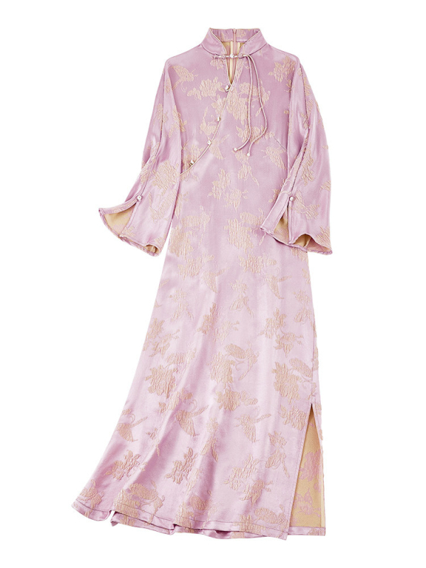 Haljina od svile jacquarda dudove svile, s ovratnikom Cheongsam, s dugim rukavima, midi duljine, ljubičasta, ljeto 2025, literarno retro stil
