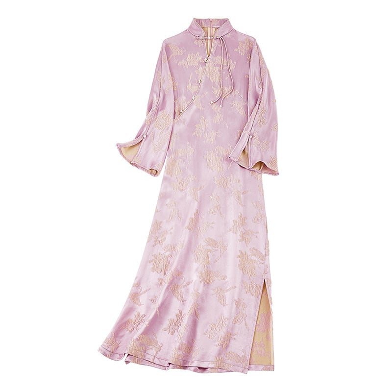 Haljina od svile jacquarda dudove svile, s ovratnikom Cheongsam, s dugim rukavima, midi duljine, ljubičasta, ljeto 2025, literarno retro stil