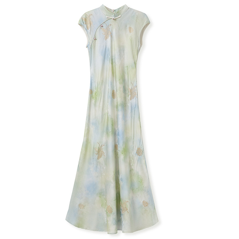 Retro kínai stílusú, magas minőségű Qipao ruha álló gallérrel, virágos nyomattal, karcsúsított szabás, hosszú szoknyával, kód N5008