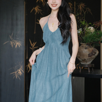 Er Yang Design Halter-neck haljina Sky Blue Rain, Guofeng kineskog stila, A-linija, bez rukava, za žene