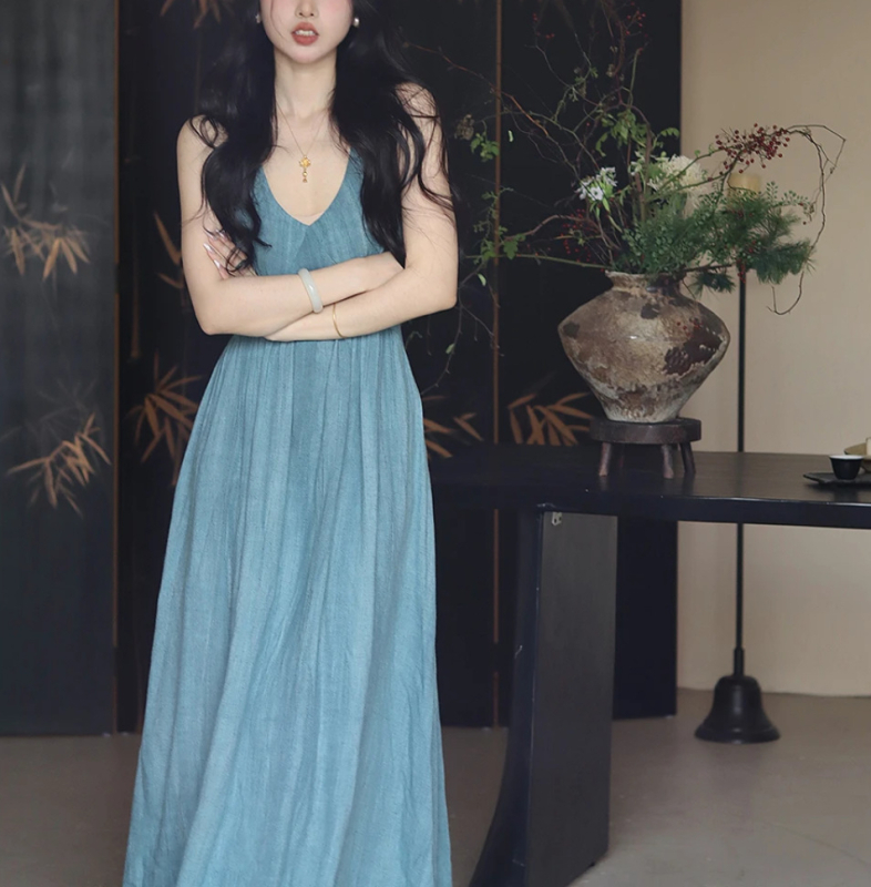 Er Yang Design Halter-neck haljina Sky Blue Rain, Guofeng kineskog stila, A-linija, bez rukava, za žene