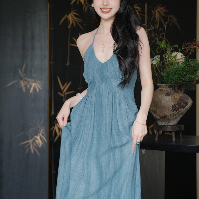 Er Yang Design Halter-neck haljina Sky Blue Rain, Guofeng kineskog stila, A-linija, bez rukava, za žene