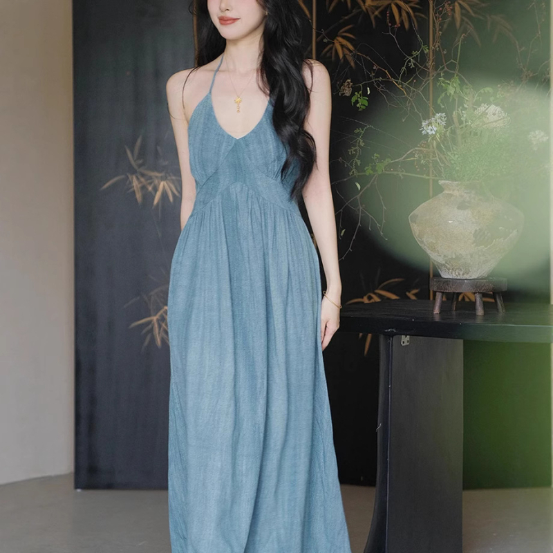 Er Yang Design Halter-neck haljina Sky Blue Rain, Guofeng kineskog stila, A-linija, bez rukava, za žene