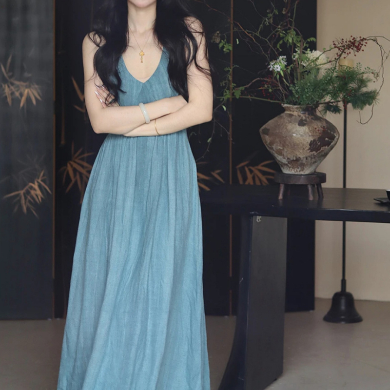 Er Yang Design Halter-neck haljina Sky Blue Rain, Guofeng kineskog stila, A-linija, bez rukava, za žene
