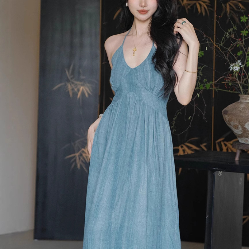 Er Yang Design Halter-neck haljina Sky Blue Rain, Guofeng kineskog stila, A-linija, bez rukava, za žene