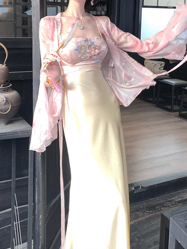 Nyári kínai stílusú jacquard hímzett pántos ruha, hosszú