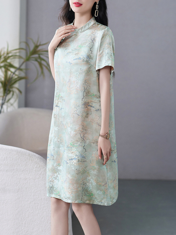 Svijetloplava cheongsam haljina od rayona s mirisnom Cloud Yarn pređom – ljeto, moderan kineski stil, uski kroj
