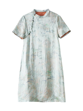 Svijetloplava cheongsam haljina od rayona s mirisnom Cloud Yarn pređom – ljeto, moderan kineski stil, uski kroj