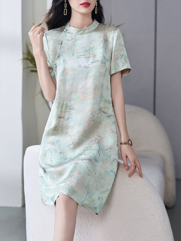 Svijetloplava cheongsam haljina od rayona s mirisnom Cloud Yarn pređom – ljeto, moderan kineski stil, uski kroj
