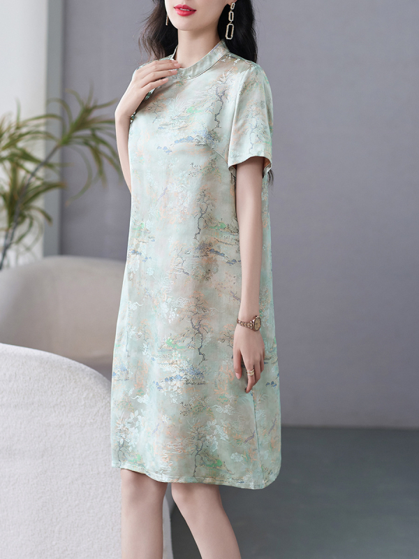Svijetloplava cheongsam haljina od rayona s mirisnom Cloud Yarn pređom – ljeto, moderan kineski stil, uski kroj