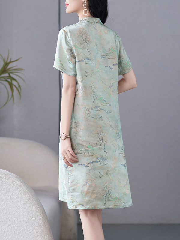 Svijetloplava cheongsam haljina od rayona s mirisnom Cloud Yarn pređom – ljeto, moderan kineski stil, uski kroj