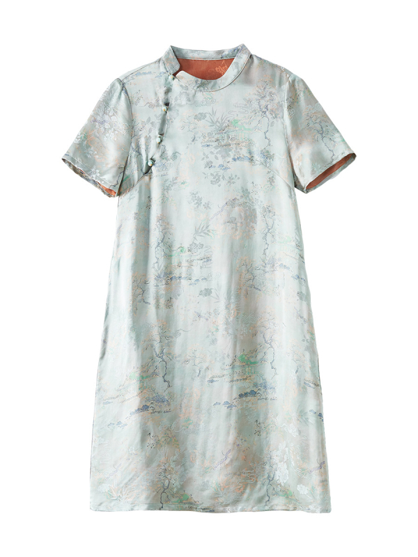 Svijetloplava cheongsam haljina od rayona s mirisnom Cloud Yarn pređom – ljeto, moderan kineski stil, uski kroj
