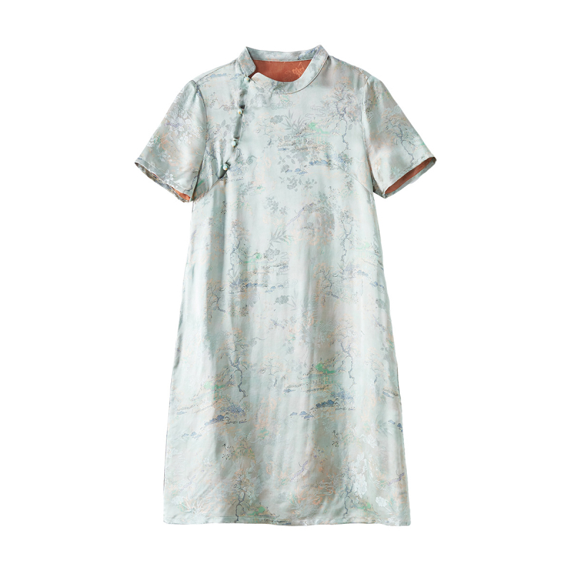 Svijetloplava cheongsam haljina od rayona s mirisnom Cloud Yarn pređom – ljeto, moderan kineski stil, uski kroj