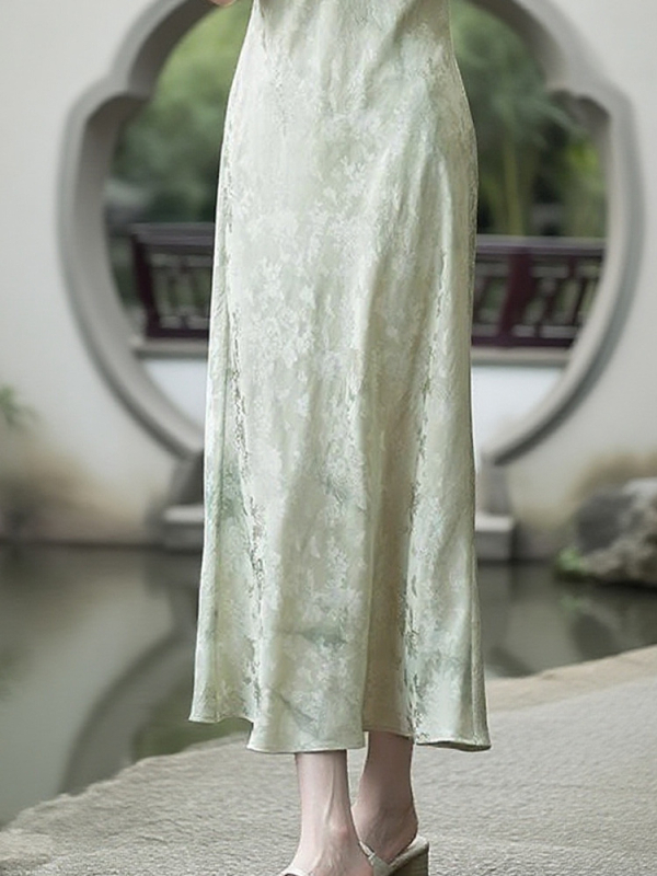 Elegantna duga haljina od svile od mulberry, Jacquard s cvjetnim uzorcima, kineski retro stil, uski kroj, za mlade žene, 2026