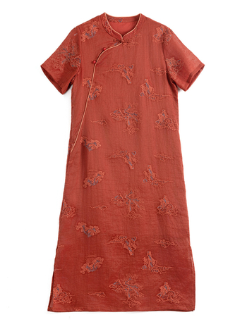 Ramie izvezeni cheongsam haljina s uspravnim ovratnikom, prednja tri gumba, kineski stil, književno retro, ljetna kolekcija 2025