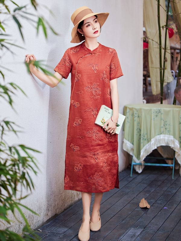 Ramie izvezeni cheongsam haljina s uspravnim ovratnikom, prednja tri gumba, kineski stil, književno retro, ljetna kolekcija 2025