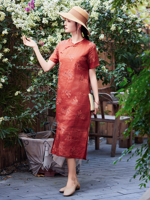 Ramie izvezeni cheongsam haljina s uspravnim ovratnikom, prednja tri gumba, kineski stil, književno retro, ljetna kolekcija 2025